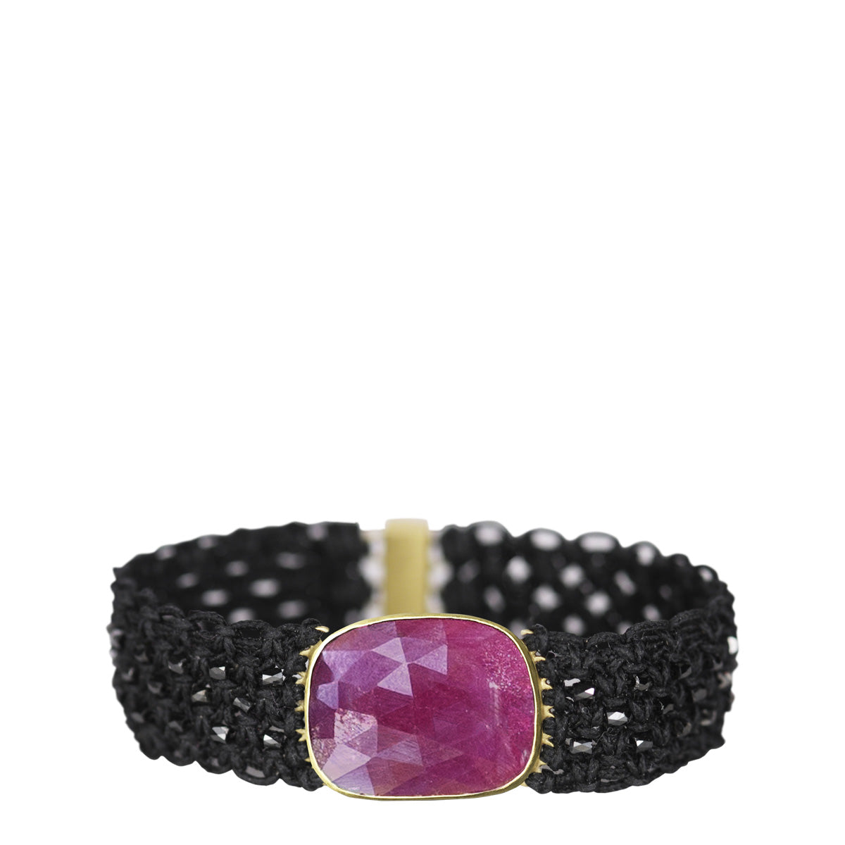 18K Gold Ruby Macramé Bracelet with Black Diamonds