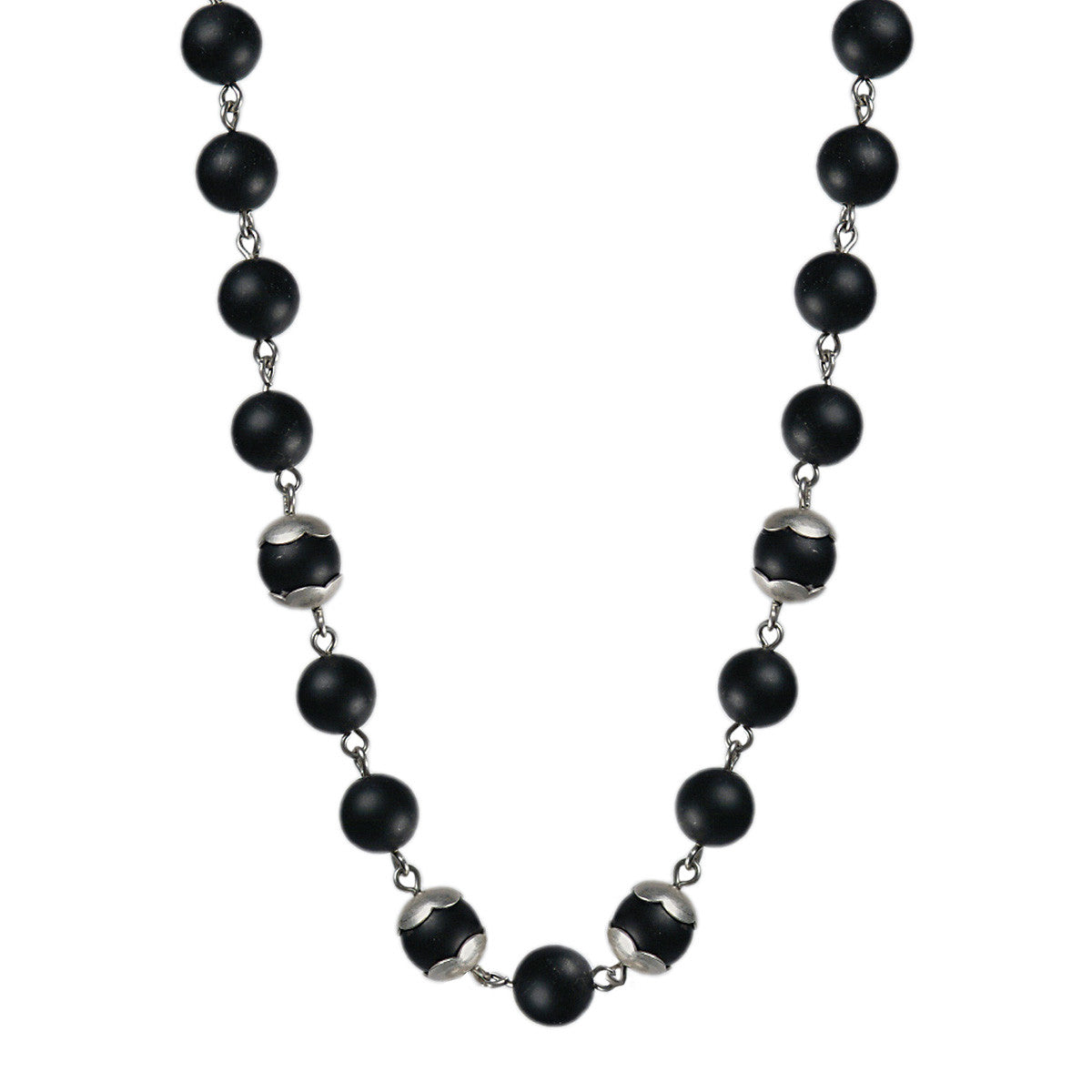 Sterling Silver Flower Cap Onyx Bead Necklace