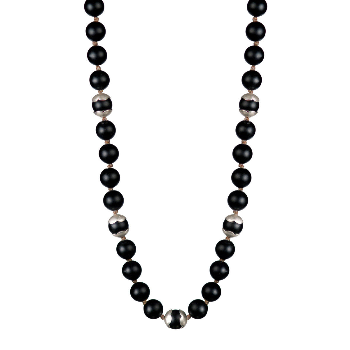 Sterling Silver Flower Cap Onyx Bead Necklace on Cord
