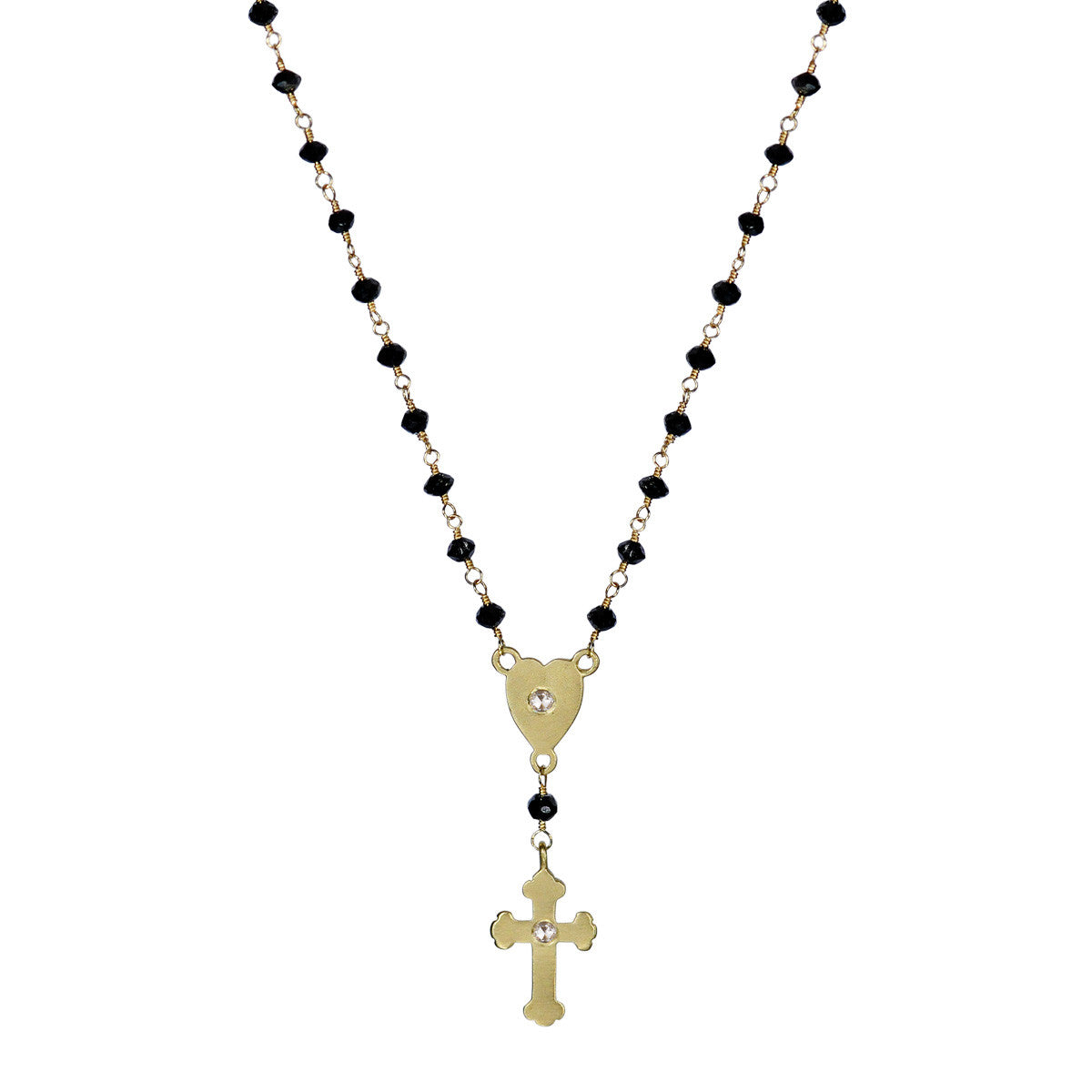 18K Gold Rosary Heart and Cross Chain on Black Diamonds