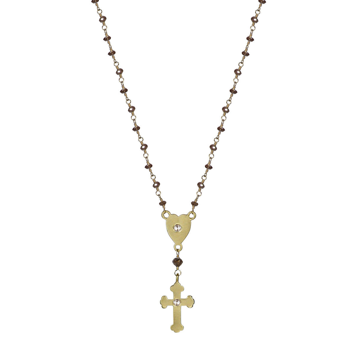 18K Gold Rosary Heart and Cross on Brown Diamond Chain