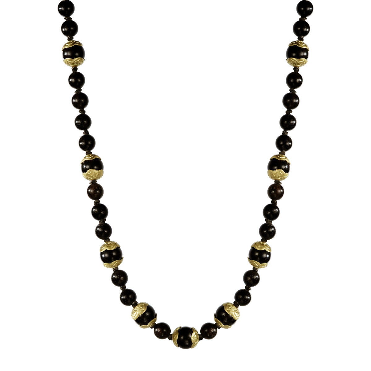 18K Gold Flower Capped Vintage Ebony Bead Chain on Cord