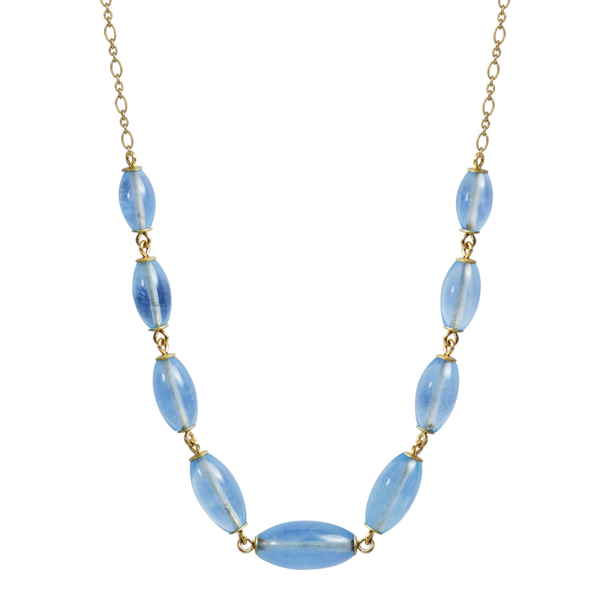 18K Gold Nine Large Graduated Oval Aquamarine Beads on Trace Figaro Chain