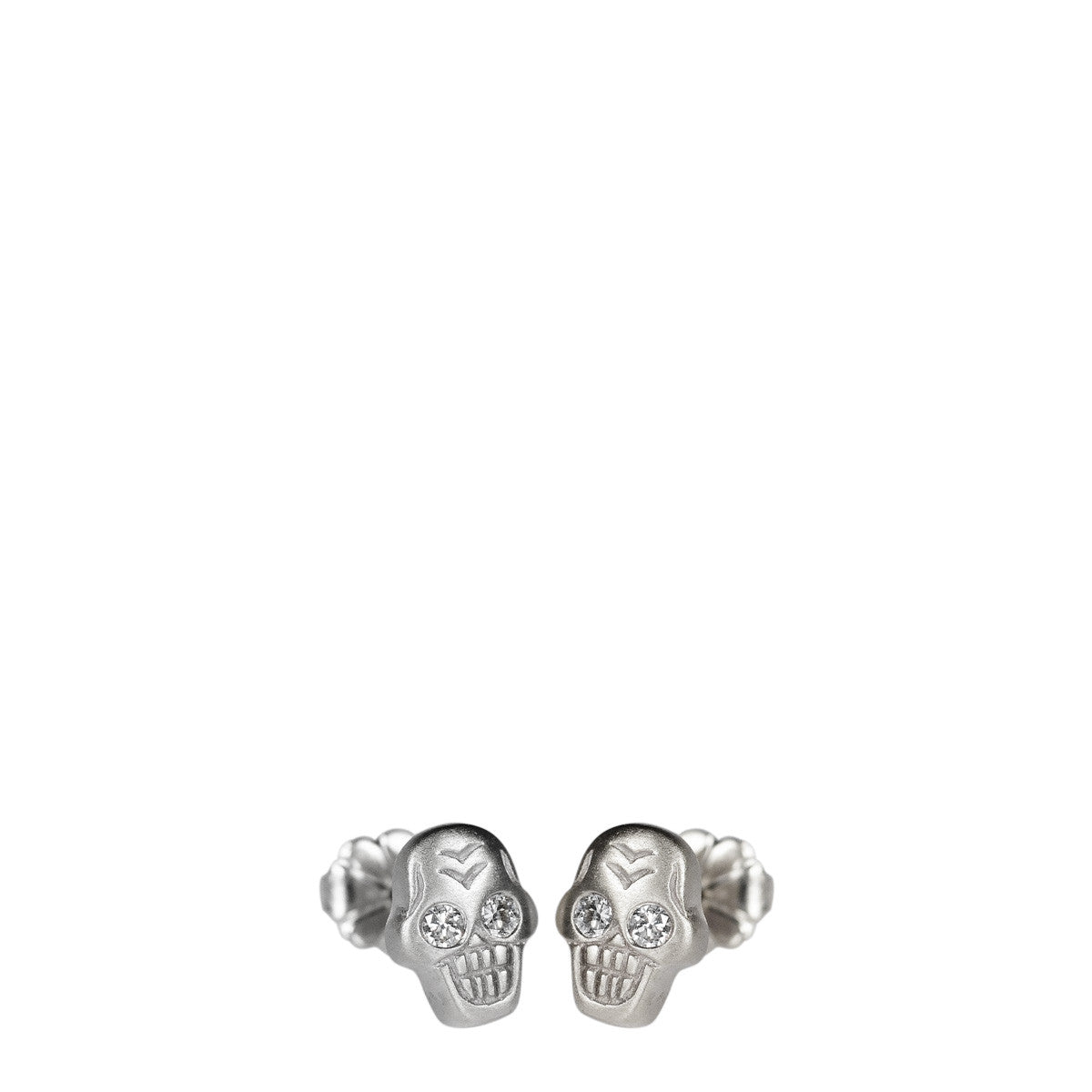 Sterling Silver Tiny Skull Stud Earrings with White Diamond Eyes