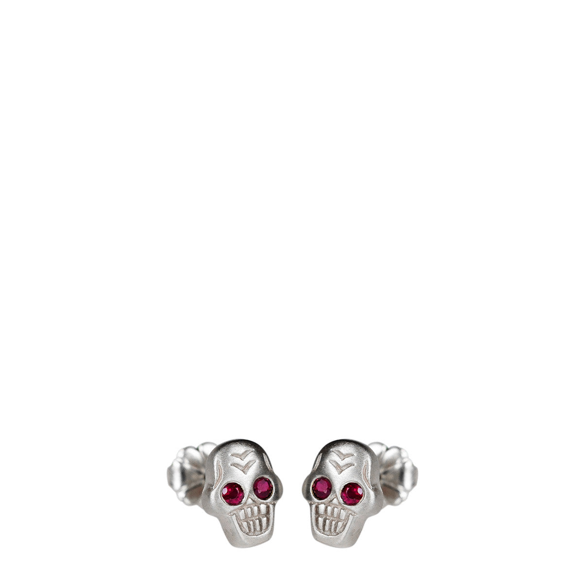 Sterling Silver Tiny Skull Stud Earrings with Ruby Eyes