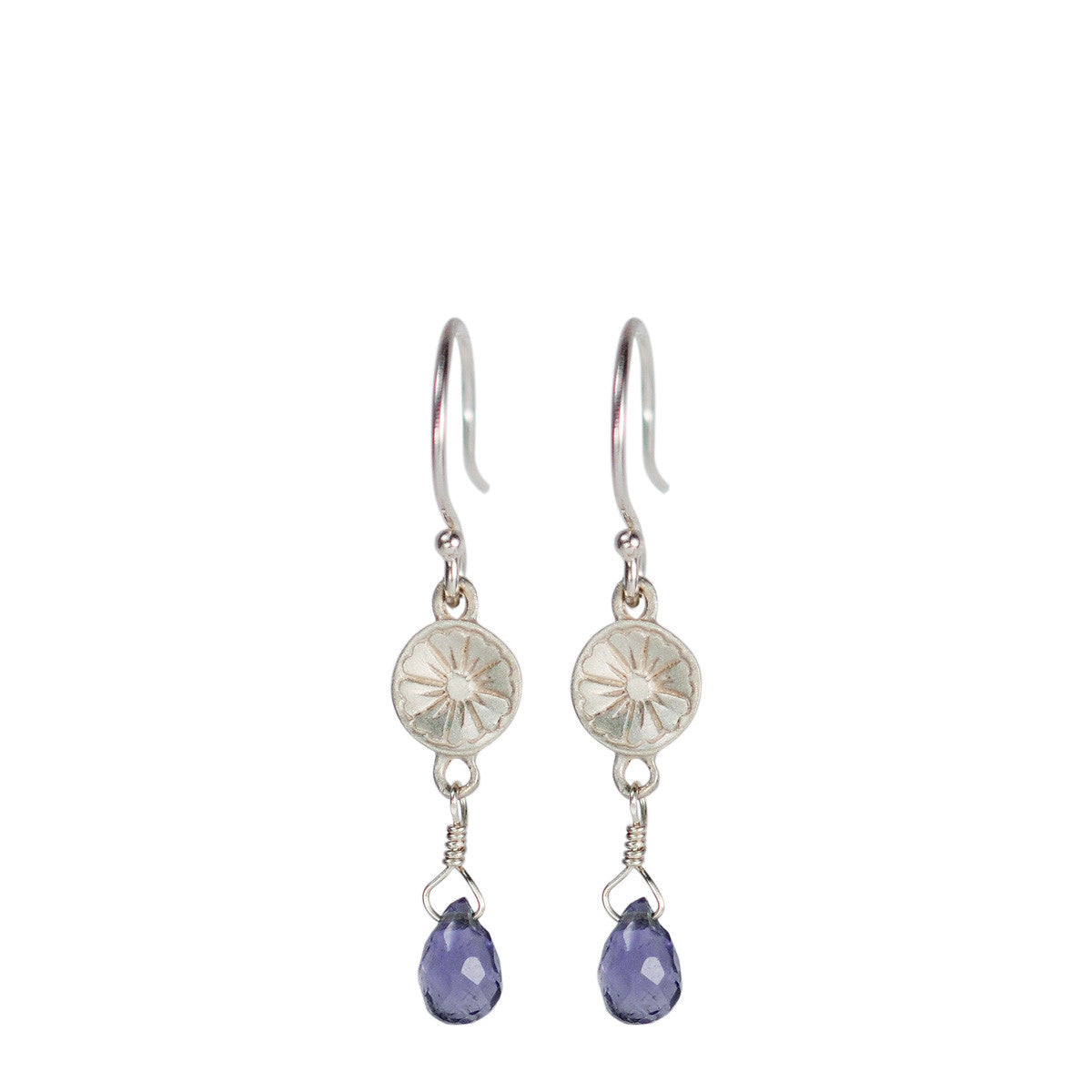 Sterling Silver Small Engraved Flower Earring with Iolite Bead