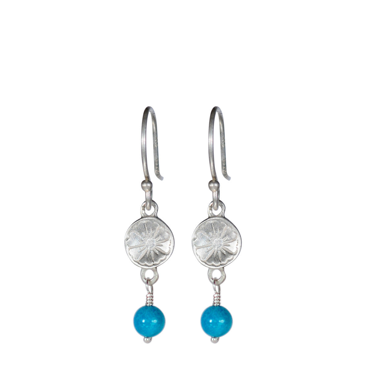 Sterling Silver Small Engraved Flower Earrings with Turquoise Bead