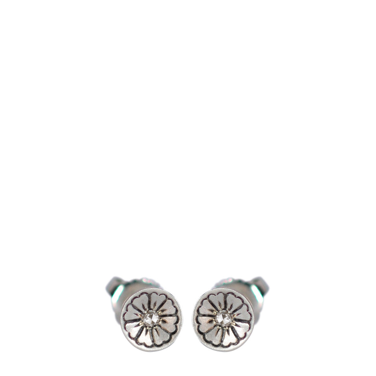 Sterling Silver Engraved Flower Stud Earrings with Diamonds
