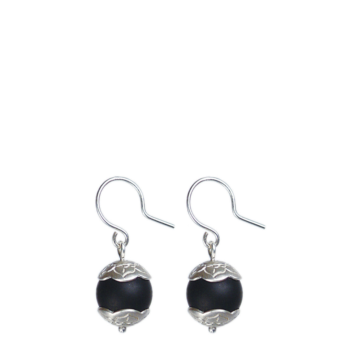 Sterling Silver Small Flower Cap Onyx Earrings