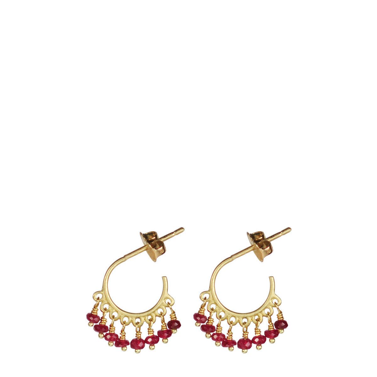 18K Gold Small Fine Ruby Beaded Hoop Earrings