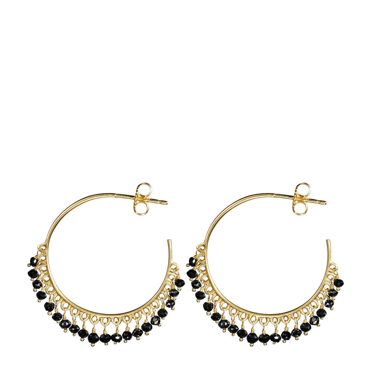 18K Gold Medium Fine Black Diamond Beaded Hoop Earrings