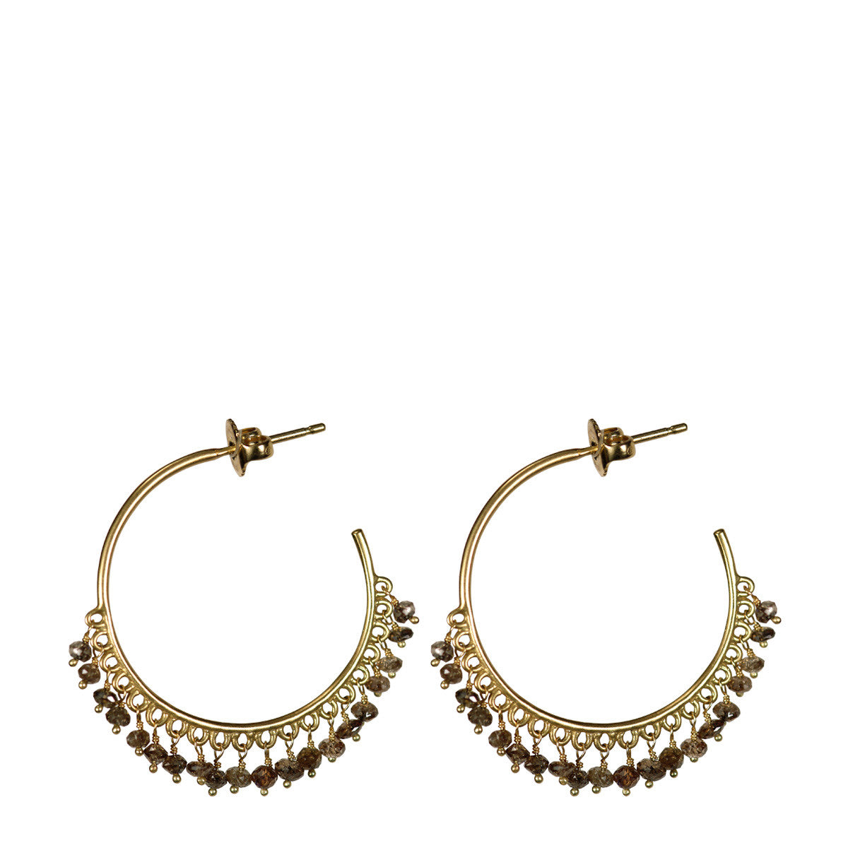 18K Gold Medium Fine Brown Diamond Beaded Hoop Earrings