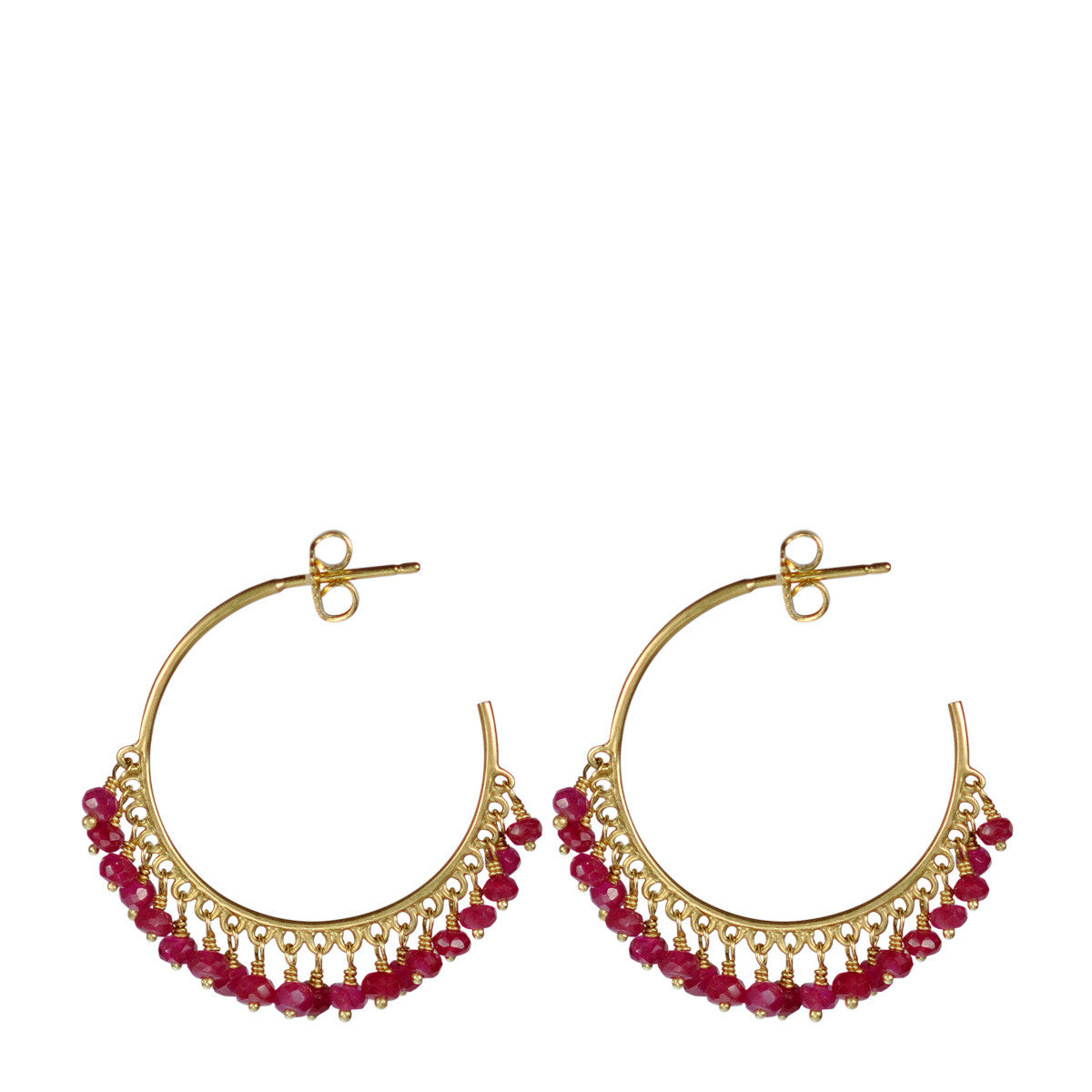18K Gold Medium Fine Ruby Beaded Hoop Earrings