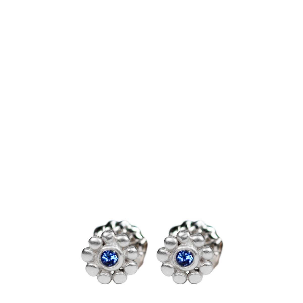 Sterling Silver Tiny Java Flower Stud Earrings with Blue Sapphires