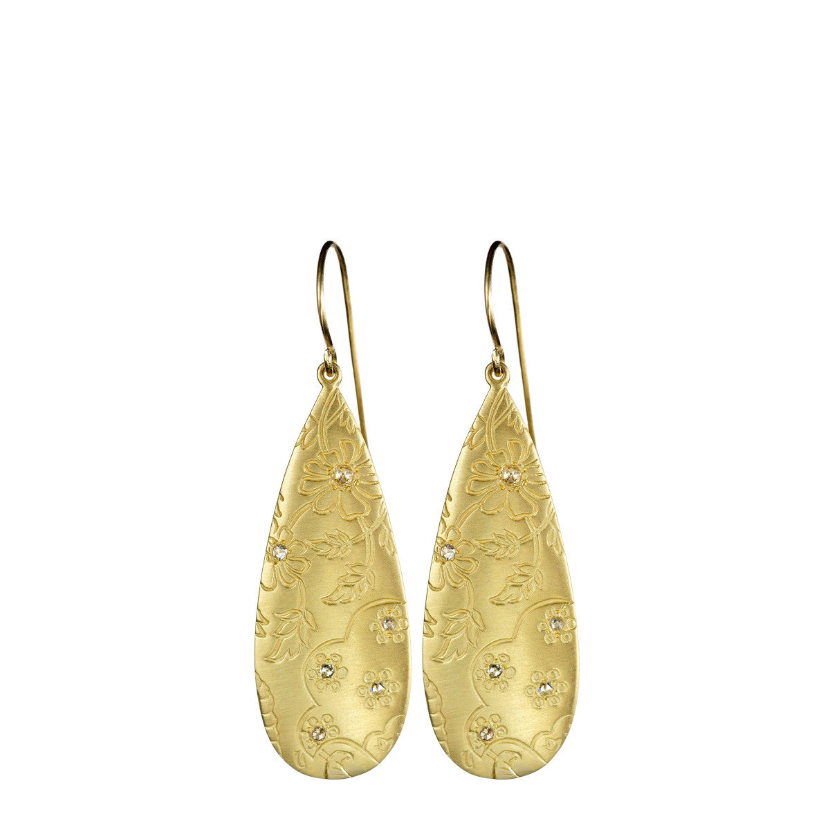 18K Gold Slim Teardrop Paisley Earrings with Diamonds