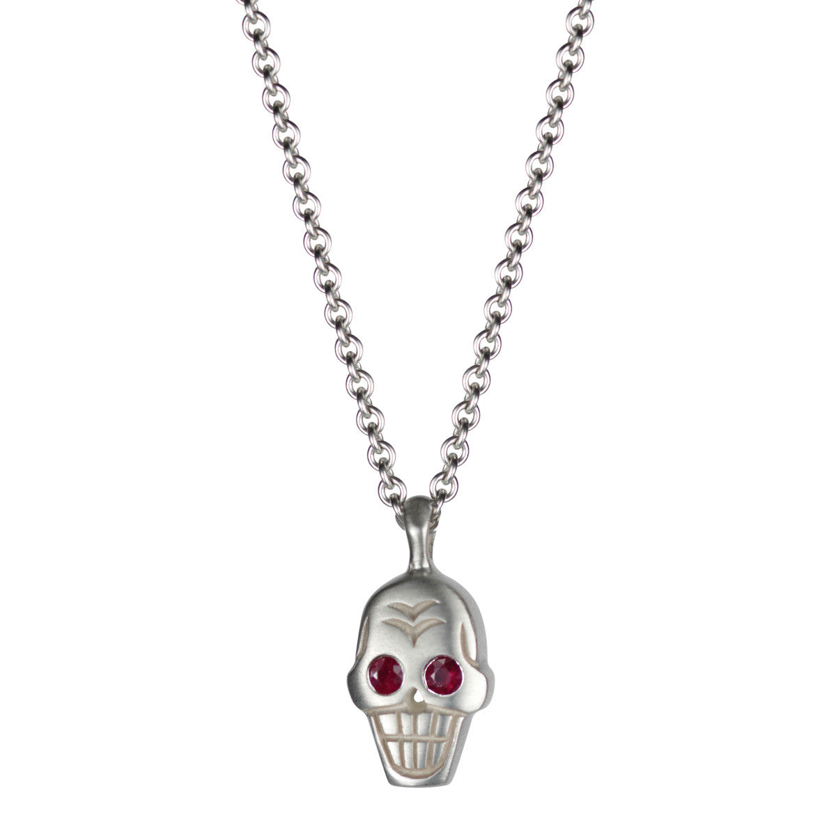 Men&#39;s Sterling Silver Large Skull Pendant with Ruby Eyes