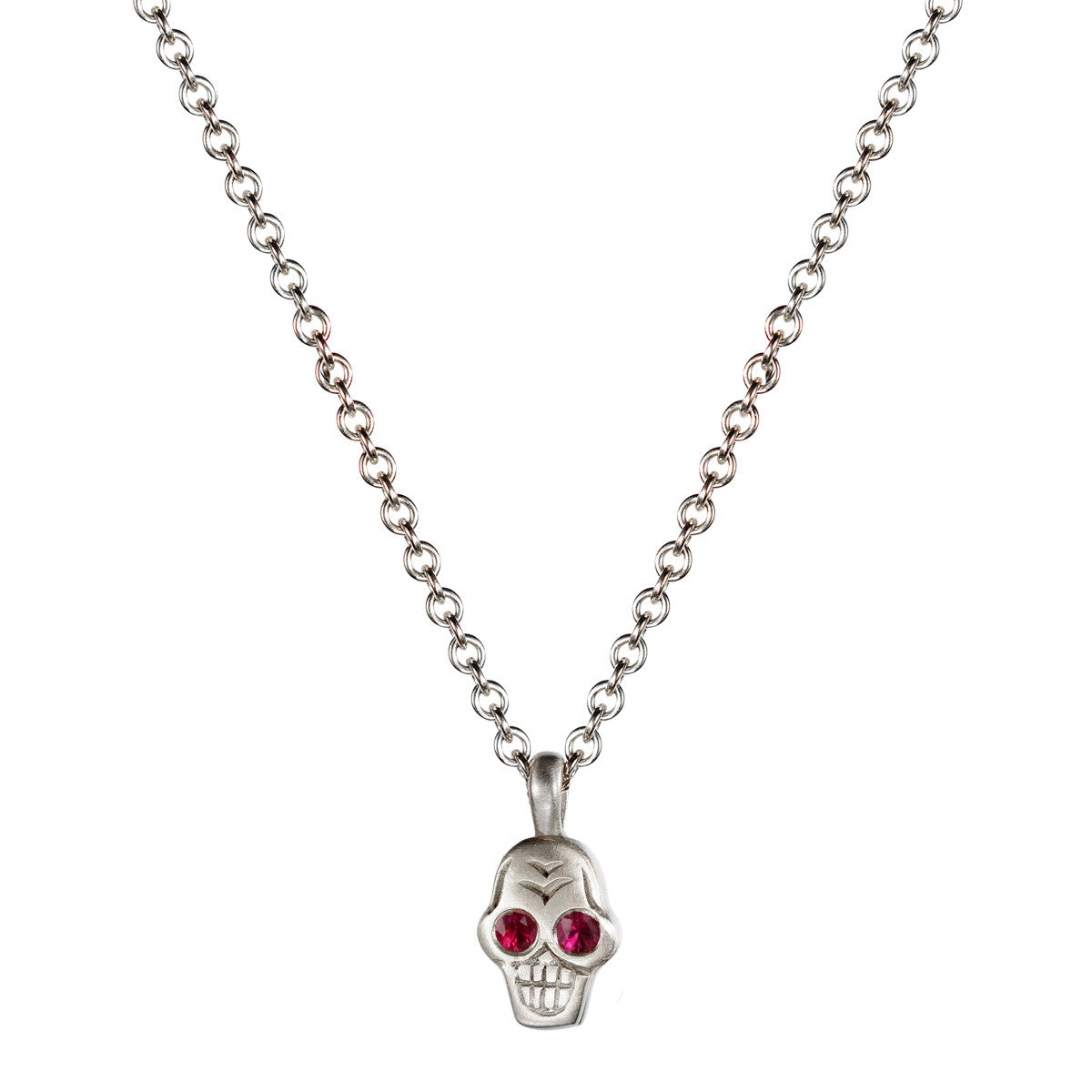 Sterling Silver Tiny Skull Pendant with Ruby Eyes