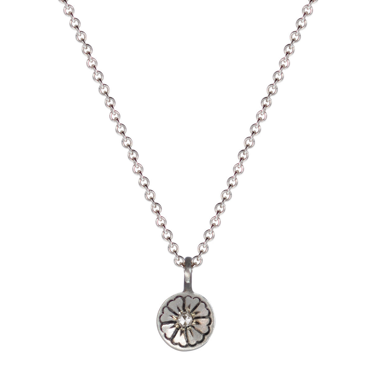 Sterling Silver Engraved Flower Pendant with Diamond