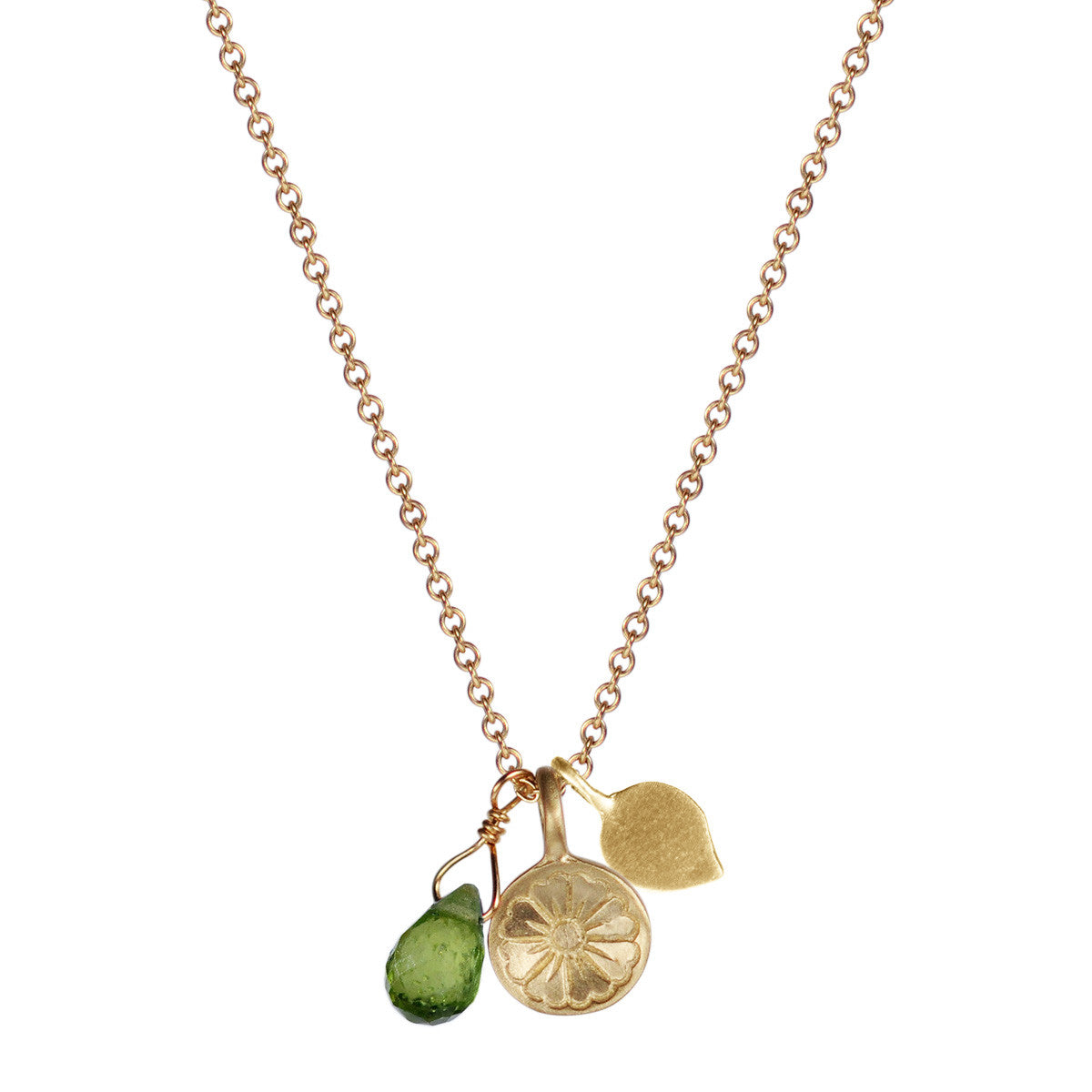 10K Gold Flower Trinket on Chain with Lotus Petal and Vesuvianite Bead