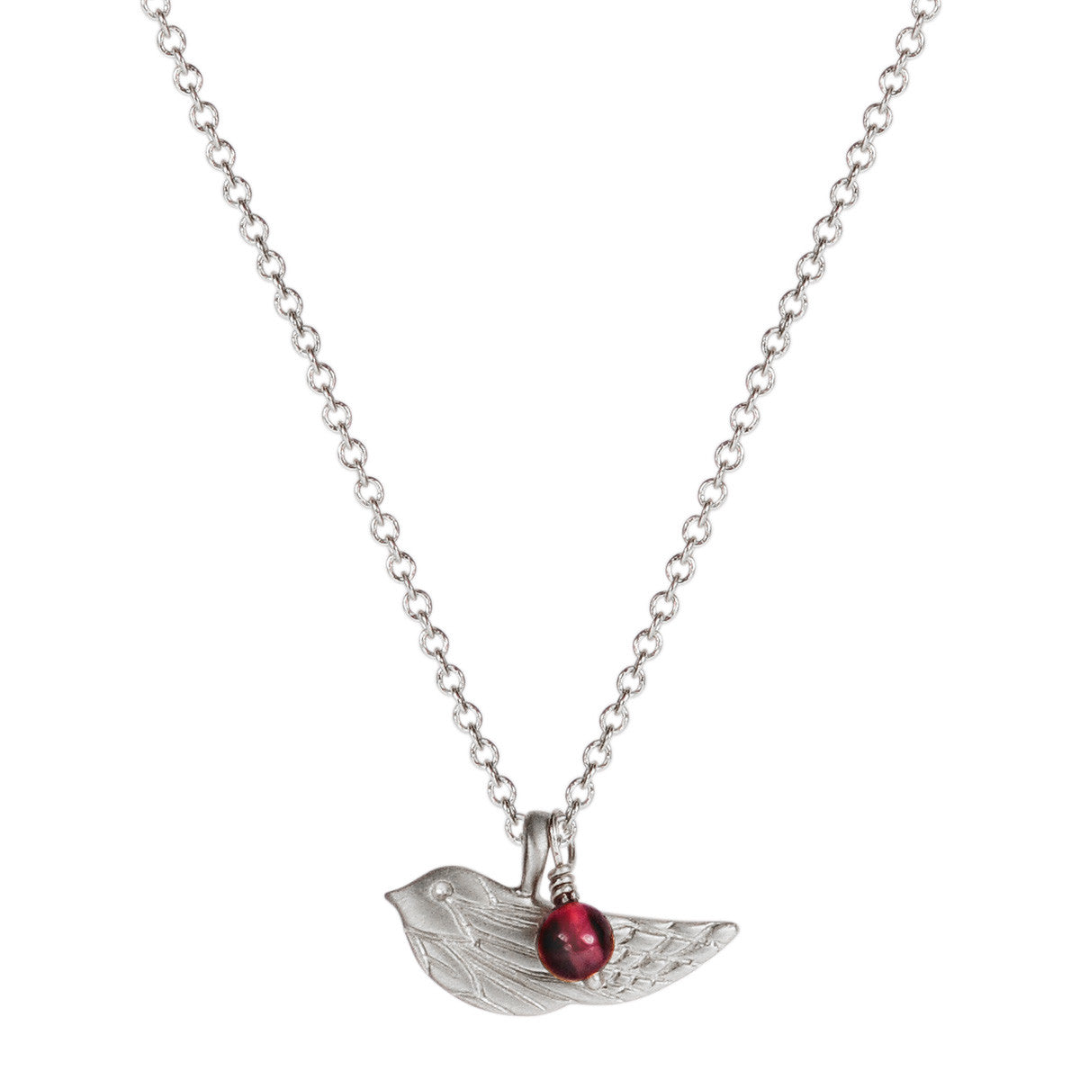 Sterling Silver Engraved Bird Pendant with Garnet Bead
