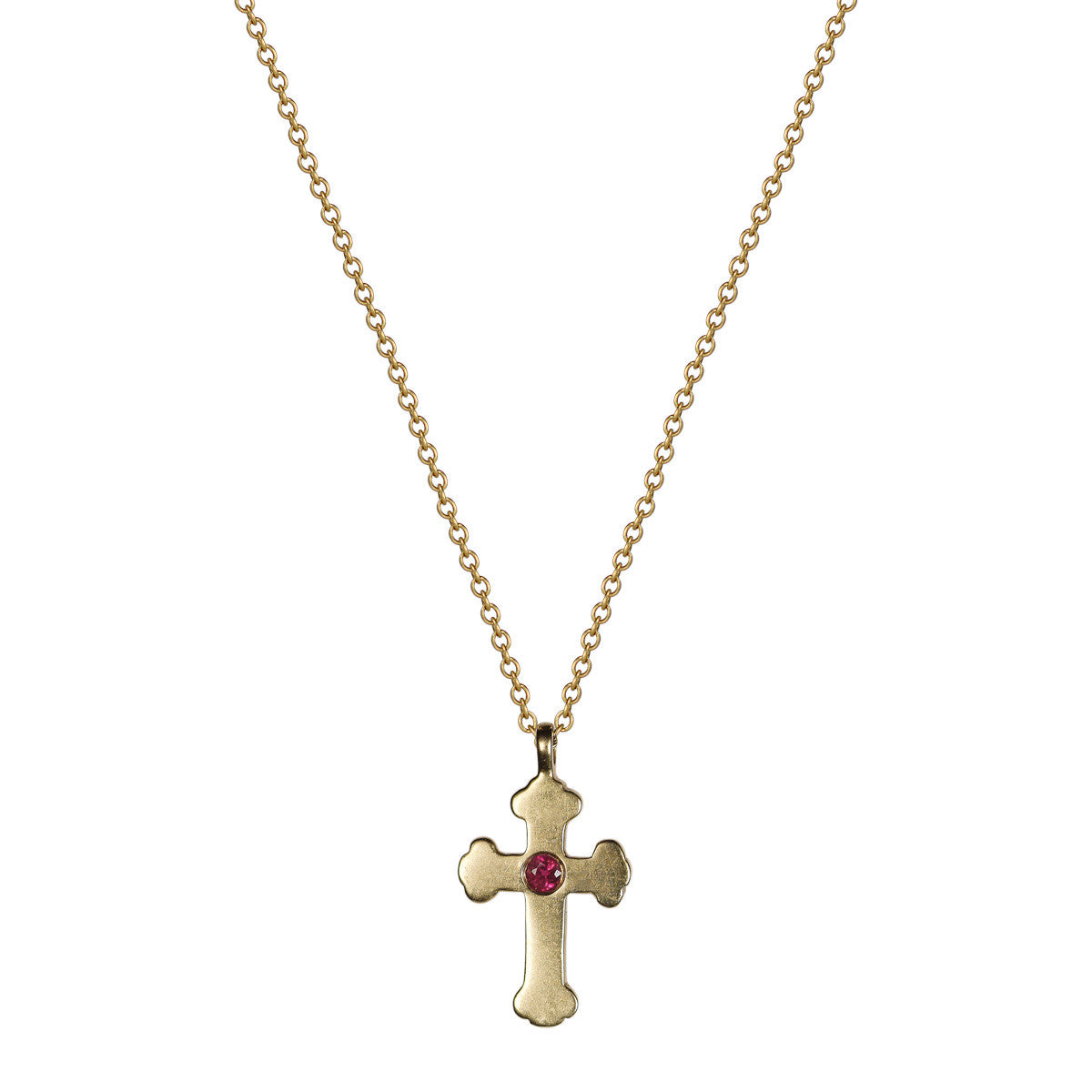 18K Gold Rosary Cross Pendant with Ruby