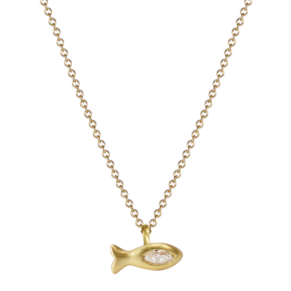 18K Gold Tiny Fish Pendant with Marquise Diamond 18 inch / 18K Gold