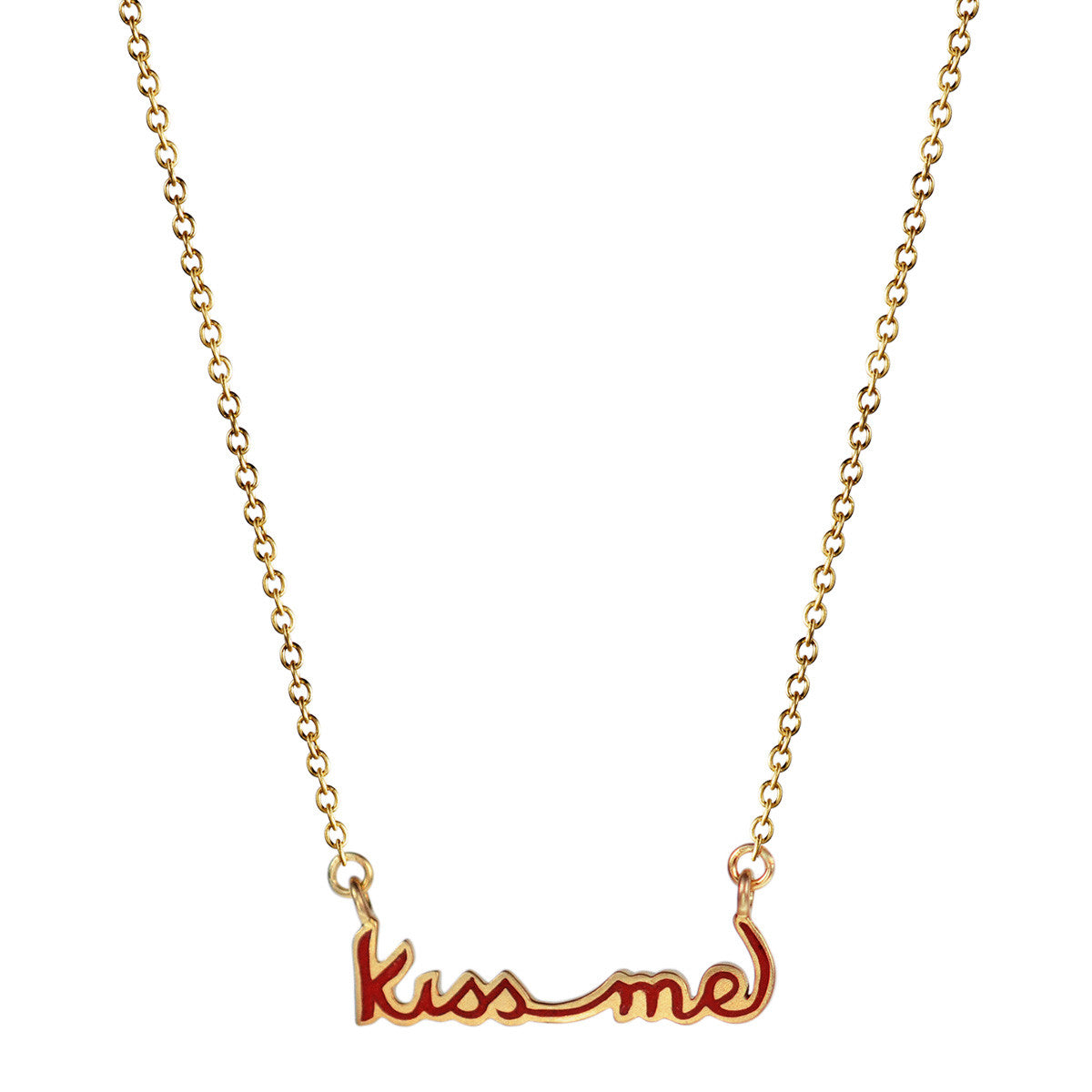 18K Gold "Kiss Me"  Enamel Script Pendant
