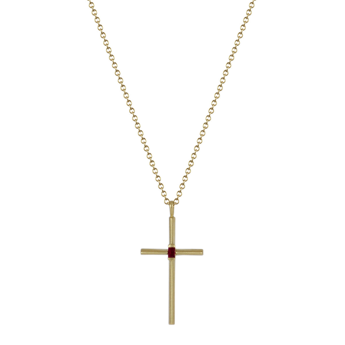 18K Gold Fine Cross Pendant with Baguette Ruby