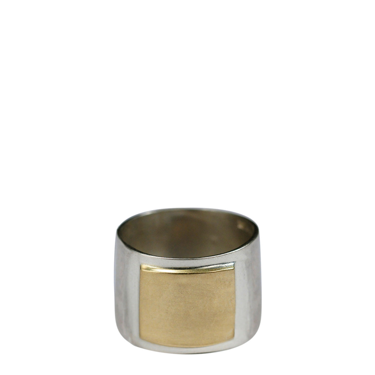 Men&#39;s Sterling Silver Wide Flattened Ring with 10K Gold Square
