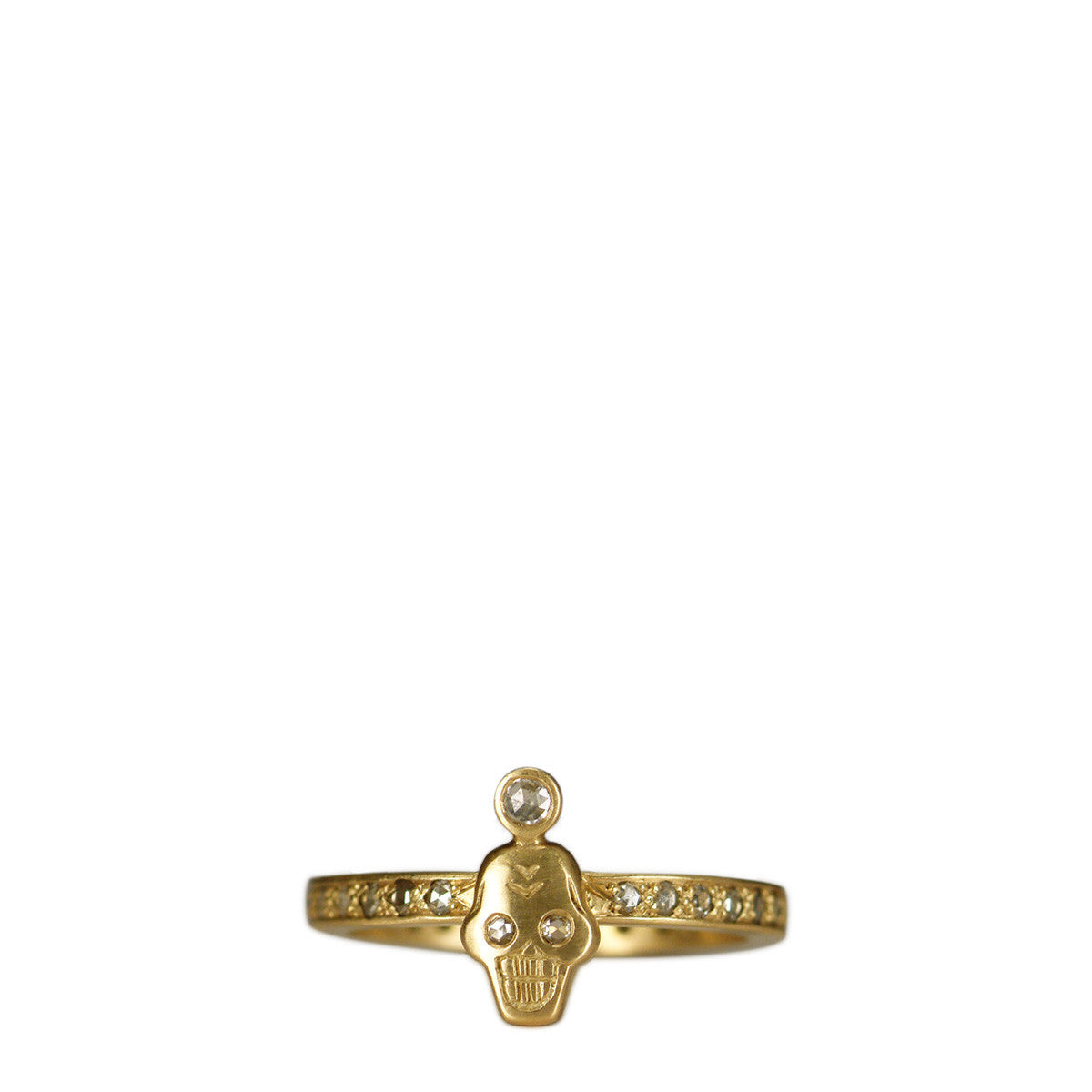 18K Gold Rose Cut Diamond Tiny Skull Ring with Crown