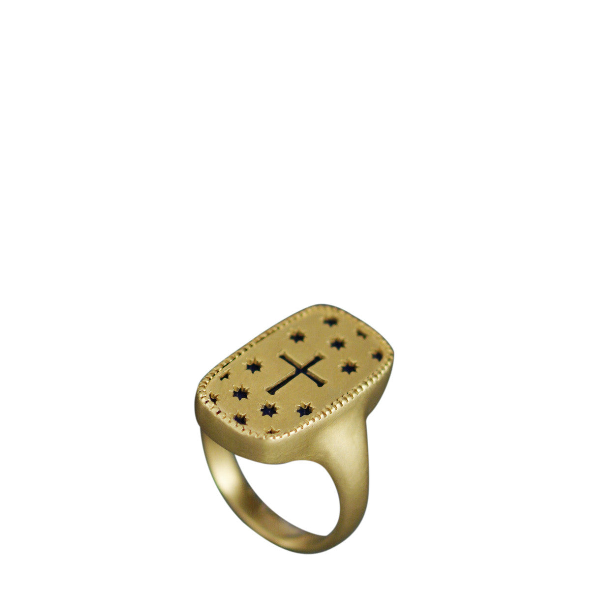 18K Gold Cross and Stars Cut Out Ring with Lapis