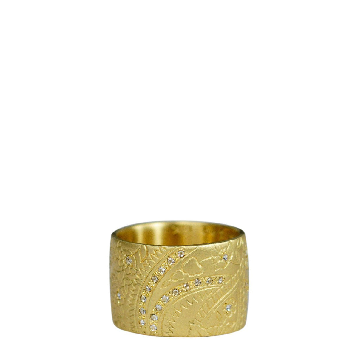 18K Gold Wide Engraved Paisley Band with Diamonds