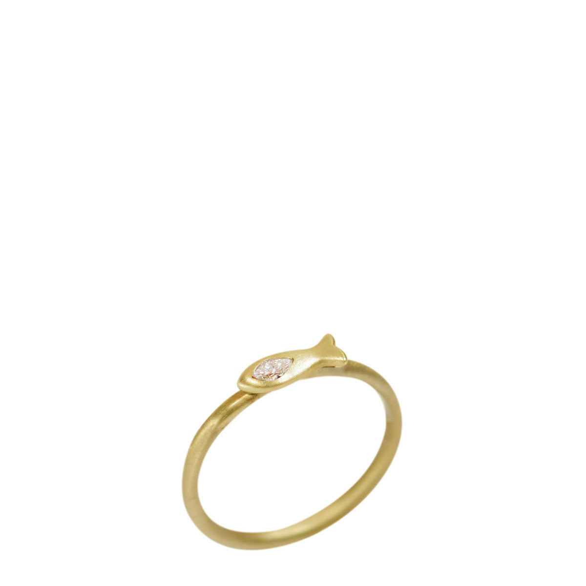 18K Gold Tiny Fish Ring with Marquise Diamond