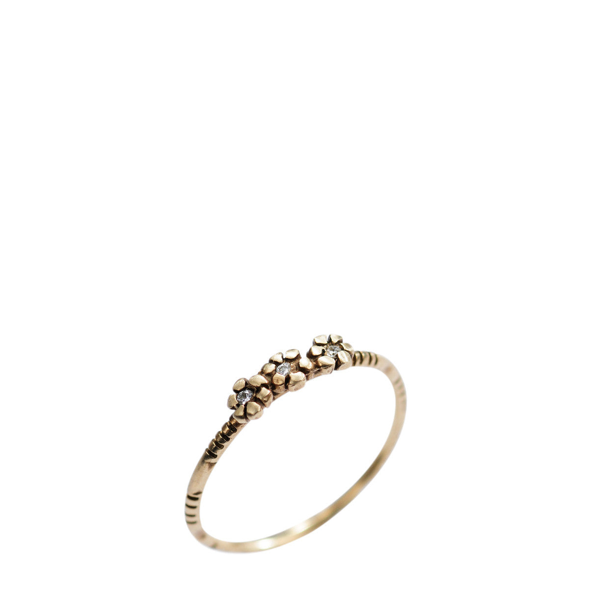 10K Gold Triple Tiny Flower Ring with Diamonds